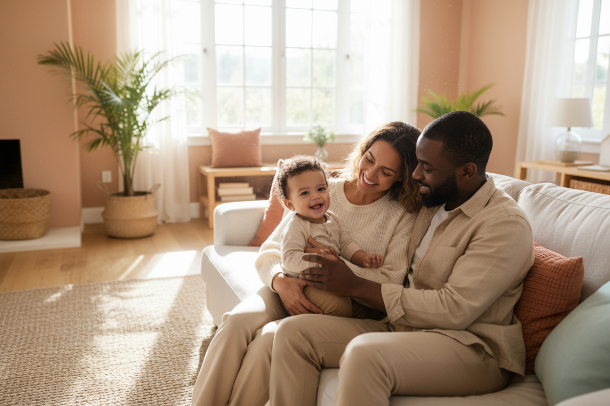 Diverse family with happy baby