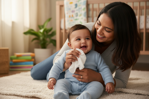 Parent caring for baby with gentle wet wipes