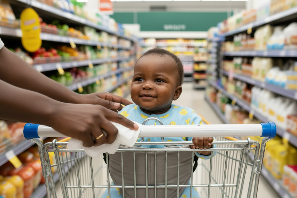 Sanitizing shopping cart with baby wipes